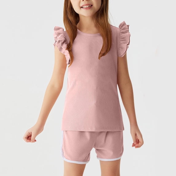 NAISIBABY Girls Outfit Sets 2PC, Casual Cotton Ruffles Sleeveless Tops Dolphin Shorts Kids Summer Active Clothes Pink 5-6T