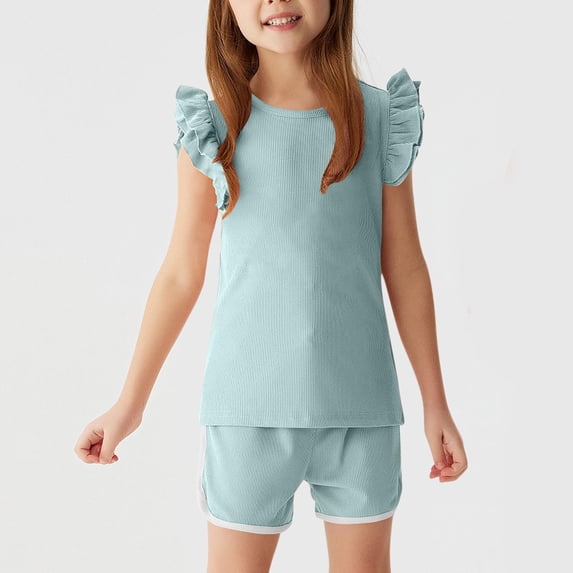 NAISIBABY Girls Outfit Sets 2PC, Cotton Casual Ruffles Sleeveless Tops Dolphin Shorts Kids Summer Active Clothes Green 4-5T
