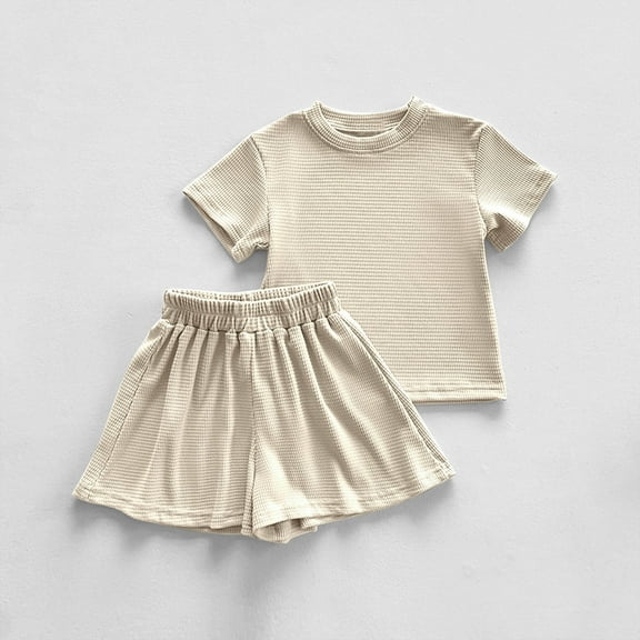 NAISIBABY Girls Outfit Sets 2PC, Crew Neck Short Sleeve T-Shirt Loose Shorts Solid Color Kids Summer Casual Clothes Beige 4-5T