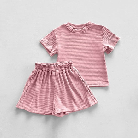 NAISIBABY Girls Outfit Sets 2PC, Crew Neck Short Sleeve T-Shirt Loose Shorts Solid Color Kids Summer Casual Clothes Pink 6-7T