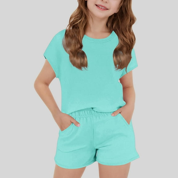 NAISIBABY Girls Outfit Sets 2PC, Solid Short Sleeve T-Shirt Elastic Waist Shorts Kids Summer Casual Clothes Green 9-10T