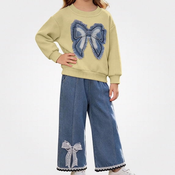 NAISIBABY Girls’Outfit Sets, Chic Casual Bow Crewneck Long-Sleeve Sweatshirt + Jeans with Functional Pockets 2PC Sets Yellow Size 5T
