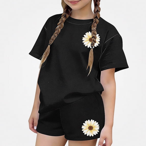 NAISIBABY Girls Outfit Sets,Graphic Tees and Shorts Summer Fashion Casual 2-Piece Clothes Black Size 7