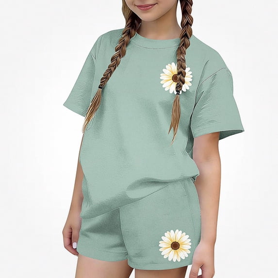 NAISIBABY Girls Outfit Sets,Graphic Tees and Shorts Summer Fashion Casual 2-Piece Clothes Green Size 7