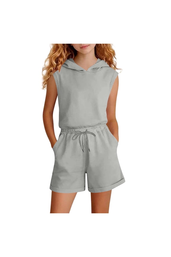 Girls Outfit Sets, Hooded Tank Tops and Drawstring Shorts 2-Piece Summer Casual Sports Clothes Gray Size 3