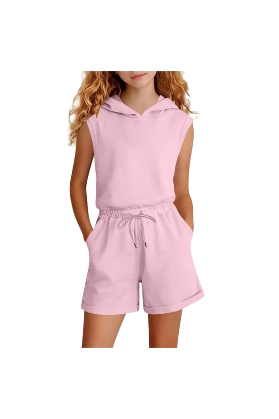Girls Outfit Sets, Hooded Tank Tops and Drawstring Shorts 2-Piece Summer Casual Sports Clothes Pink Size 12