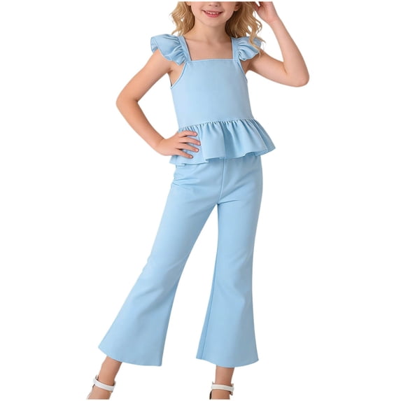 NAISIBABY Girls Outfit Sets, Ruffles Sleevless Shirt and Flare Leg Pants 2-Piece Kids Summer Fashion Clothes Blue 5T