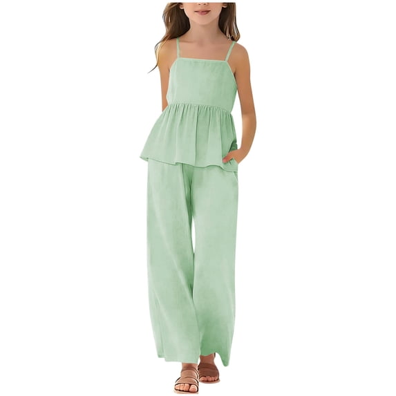 NAISIBABY Girls Outfit Sets, Ruffles Spaghetti Strap Cami Tops and Wide Leg Pants Summer Fashion Clothes 2-Piece Green Size 12