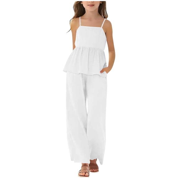 NAISIBABY Girls Outfit Sets, Ruffles Spaghetti Strap Cami Tops and Wide Leg Pants Summer Fashion Clothes 2-Piece White Size 5