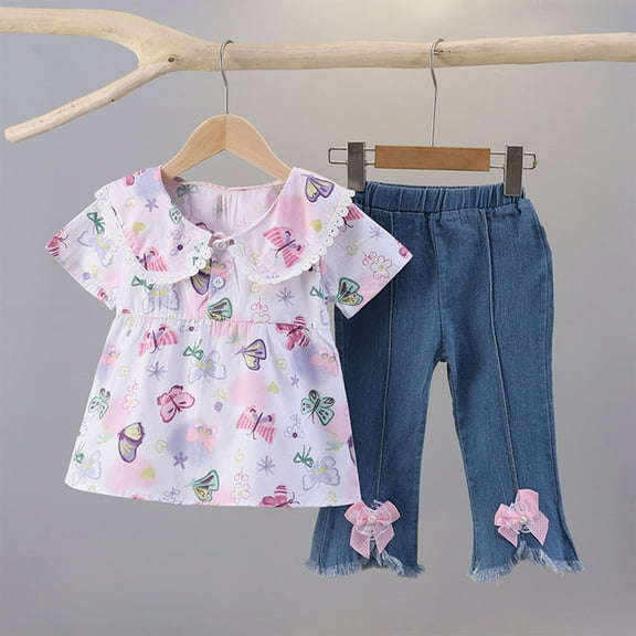 NAISIBABY Girls Outfit Sets, Short Sleeve Floral Tops Flare Cotton Jeans Summer Casual 2-Piece Purple 3-4T