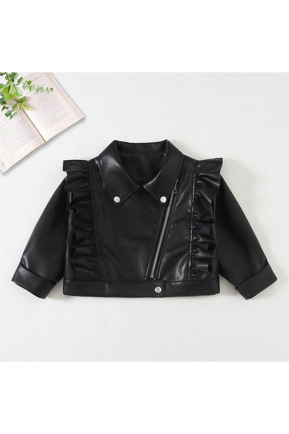 Girls PU Leather Jacket, Long Sleeve Full Zipper Lapel Ruffles Fashion Cropped Motorcycle Coat Black 2T