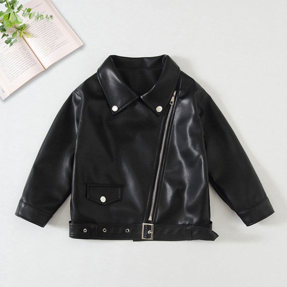 NAISIBABY Girls PU Leather Jacket, Long Sleeve Lapel Full Zipper Kids 2025 Fashion Motorcycle Outerwear Black 2T