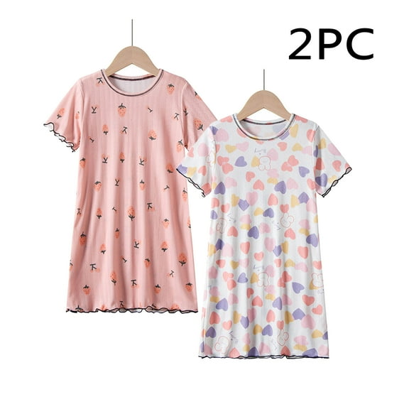 NAISIBABY Girls Pajamas 2 Pack, Ice Silk Short Sleeve Graphic Sleep Shirt Nightgowns 3-4T