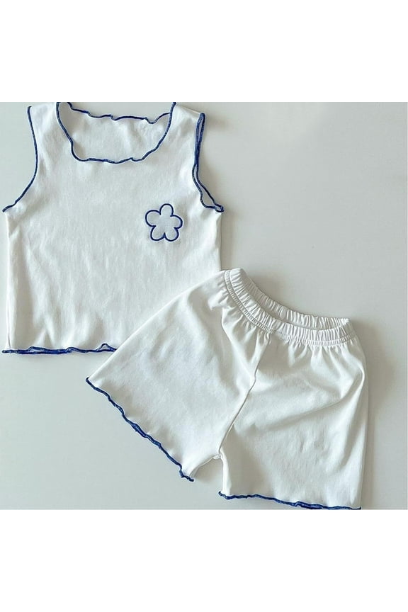 Girls Pajamas Set, Ruffled Sleeveless Tops Elastic Waist Shorts Casual Home Clothes Blue 1T