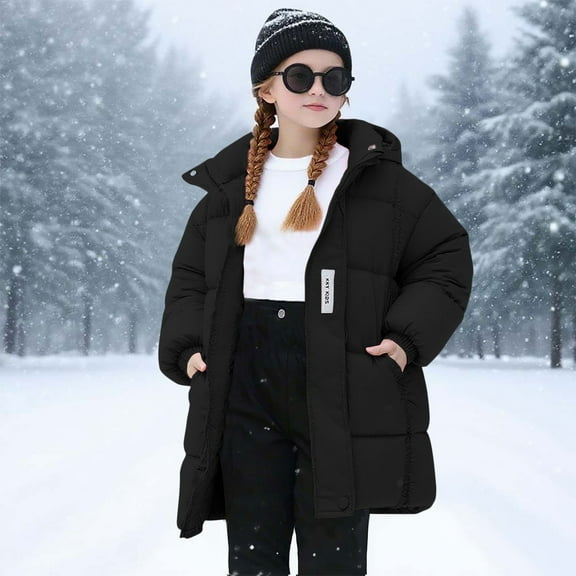 NAISIBABY Girls Parka Coat, Zipper Mid-Length Thicken Warm Padded Jacket Winter Puffer Quilted Outwear Black 7T