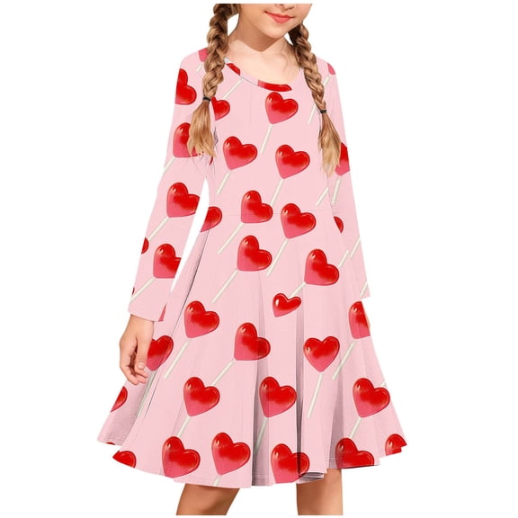 NAISIBABY Girls Party Dresses, Hearts Graphic Long Sleeve Party Dance Flowy Valentine's Day Dresses Pink 5T