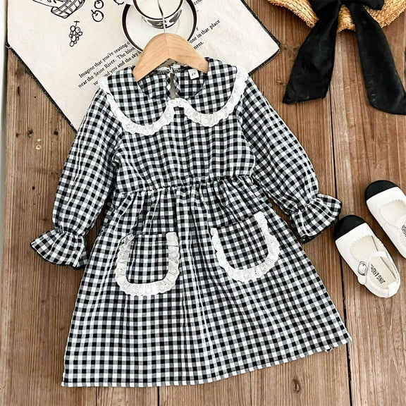 NAISIBABY Girls Plaid Dress, Flare Long Sleeve Elastic Waist Lace Crew Neck Spring Fall Midi Dress Black 7T