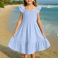 thumbnail image 1 of NAISIBABY Girls Pleated Dress, Solid Square Neck Ruffle Sleeve Summer Midi Sundress Blue 5-6T, 1 of 9