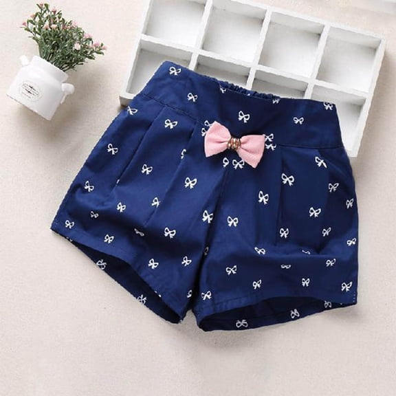 NAISIBABY Girls Shorts Size 5, Cotton Casual Cute Bow Prints Elastic Waist Summer Flare Shorts Navy
