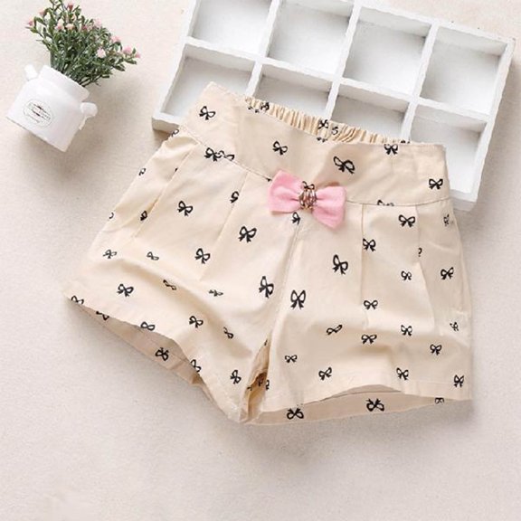 NAISIBABY Girls Shorts 6 T, Cute Bow Prints Elastic Waist Cotton Casual Summer Flare Shorts Beige
