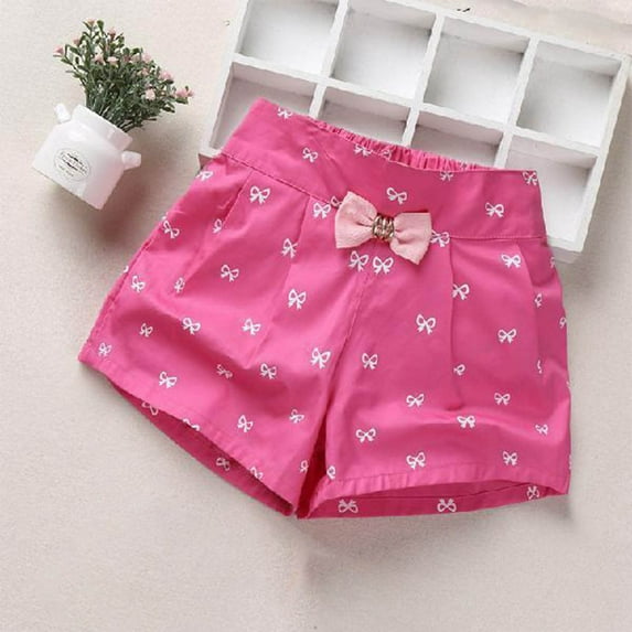 NAISIBABY Girls Pleated Shorts Size 5, Elastic Waist Cotton Casual Cute Bow Prints Summer Flare Shorts Hot Pink