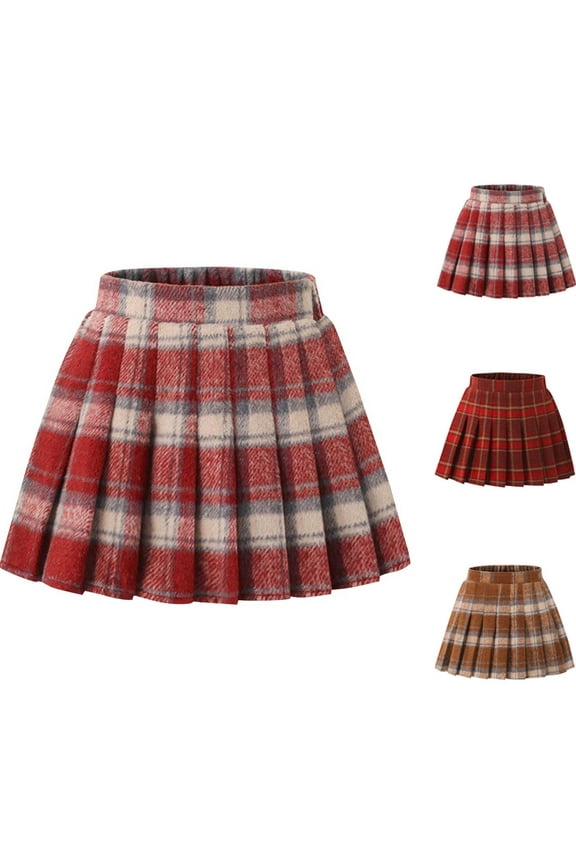Girls Pleated Skirt 10-12T, Plaid High Waist A-line Fall Winter Fleece School Uniform Skirt Red(3-15T)