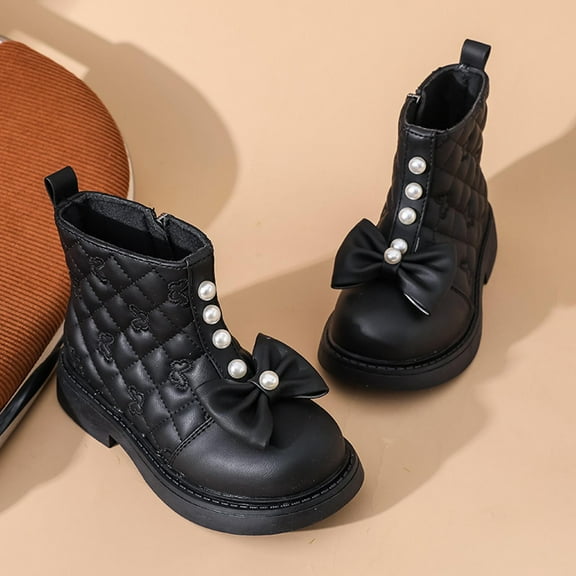 NAISIBABY Girls Princess Boots, Thick Heels Non-Slip PU Leather Side Zipper Winter Cute Mid Cut Boots Black 9.5(Little Kids)