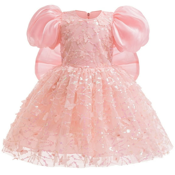 NAISIBABY Girls Princess Dress 6T, Back Bowknot Glitter Mesh Embroidered Puff Sleeve Tulle Gown Party Pageant Dress Pink