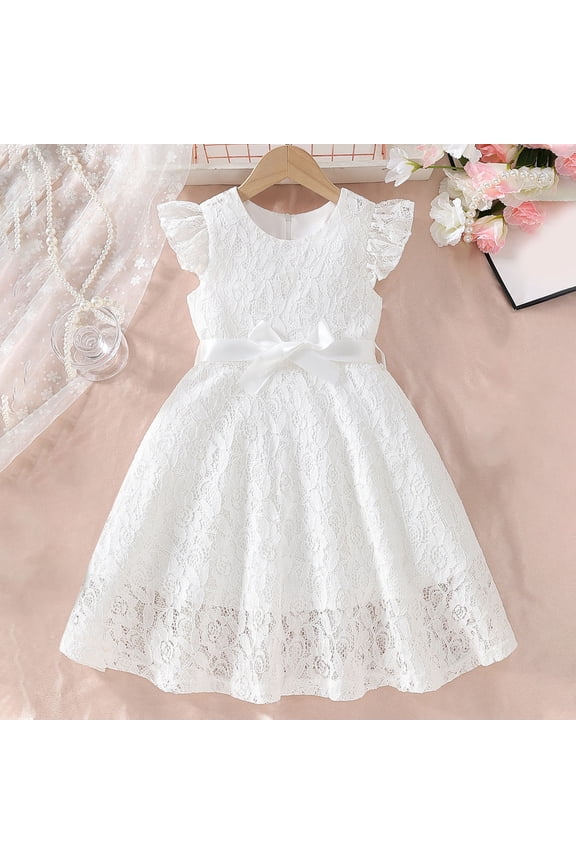 Girls Princess Dress, Bow Lace Mesh Ruffle Sleeve Party Pageant Dress White 5-6T