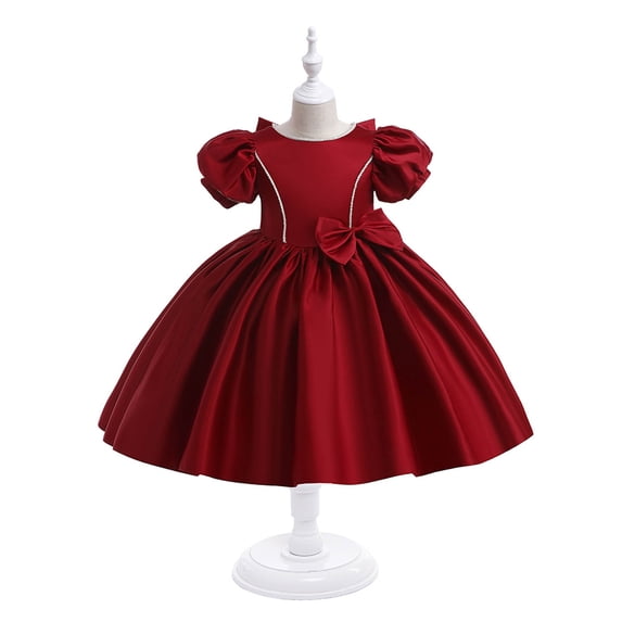 NAISIBABY Girls Princess Dress, Bow Satin Formal Pageant Dress Bubble Sleeve Prom Maxi Dress Sets Red 6T