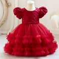 thumbnail image 1 of NAISIBABY Girls Princess Dress, Bubble Sleeve Floral Bow Sequin Mesh Wedding Birthday Party Dress Red 1T, 1 of 6