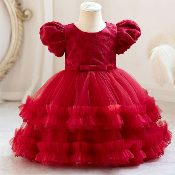 NAISIBABY Girls Princess Dress, Bubble Sleeve Floral Bow Sequin Mesh Wedding Birthday Party Dress Red 7M
