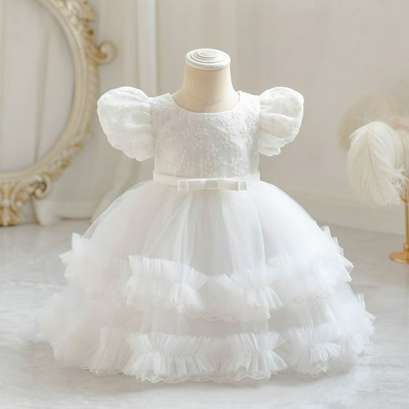 NAISIBABY Girls Princess Dress, Bubble Sleeve Floral Bow Sequin Mesh Wedding Birthday Party Dress White 18M