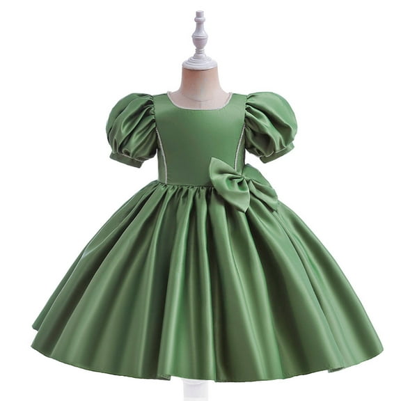 NAISIBABY Girls Princess Dress, Bubble Sleeve Formal Pageant Dress Bow Satin Prom Maxi Dress Sets Green 11T