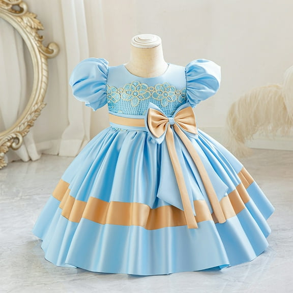 NAISIBABY Girls Princess Dress, Bubble Sleeve Wedding Birthday Pageant Dress Cute Bow Prom Maxi Dress Blue 6T