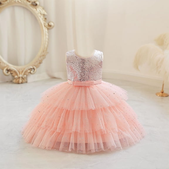NAISIBABY Girls Princess Dress, Cute Wedding Birthday Dress Lace Sequin Mesh Sleeveless Prom Maxi Dress Pink 3M