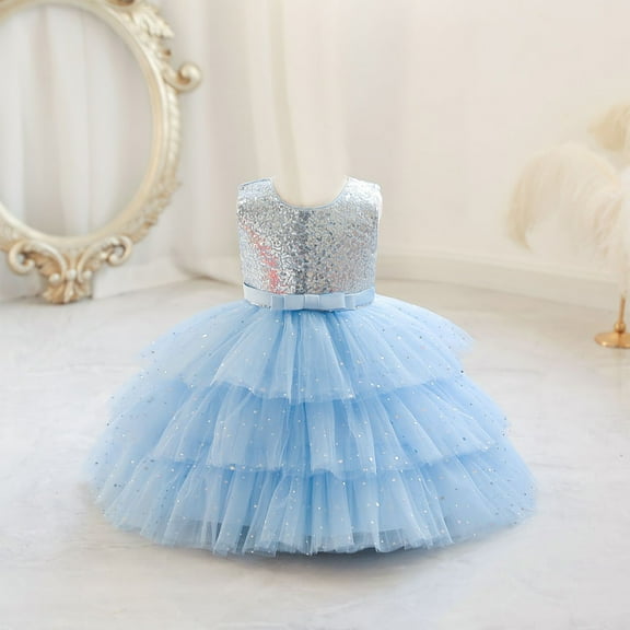 NAISIBABY Girls Princess Dress, Cute Wedding Birthday Dress Sleeveless Lace Sequin Mesh Prom Maxi Dress Blue 3M