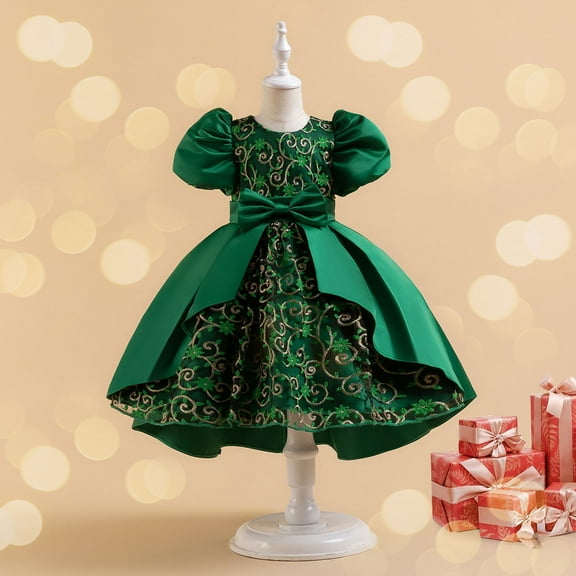 NAISIBABY Girls Princess Dress, Elegant Wedding Birthday Dress Bubble Sleeve Cute Mesh Bow Prom Maxi Dress Green 120