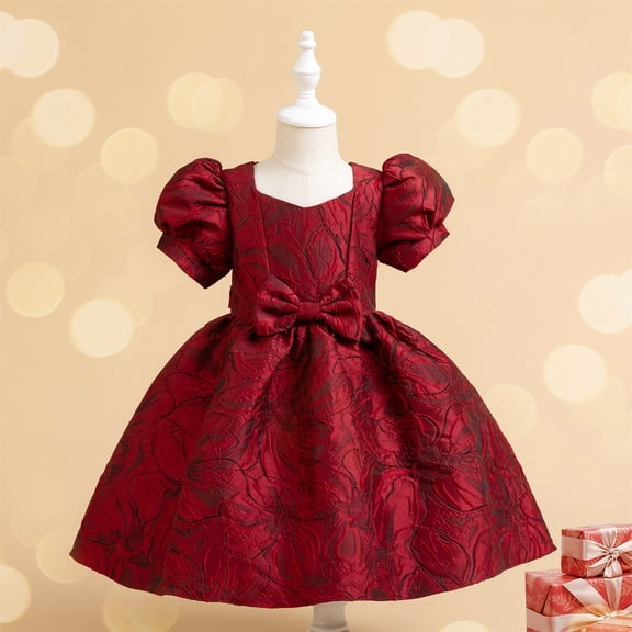 NAISIBABY Girls Princess Dress, Elegant Wedding Birthday Dress Cute Bow Bubble Sleeve Prom Maxi Dress Wine 9T