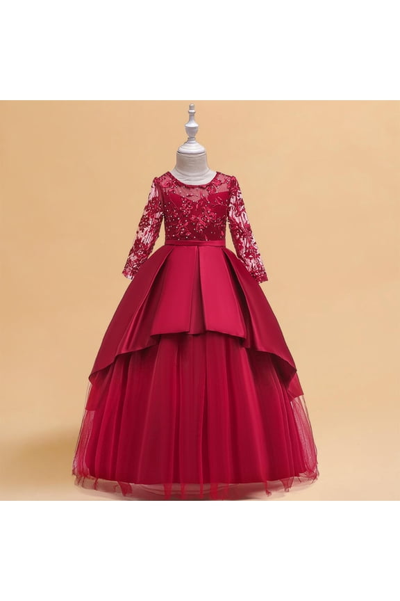 Girls Princess Dress, Embroidered Lace Long Sleeve Silky Satin Tulle Pageant Wedding Party Formal Dress Red 12T