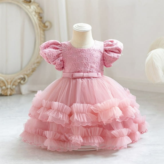 NAISIBABY Girls Princess Dress, Floral Bow Sequin Mesh Bubble Sleeve Wedding Birthday Party Dress Pink 7M