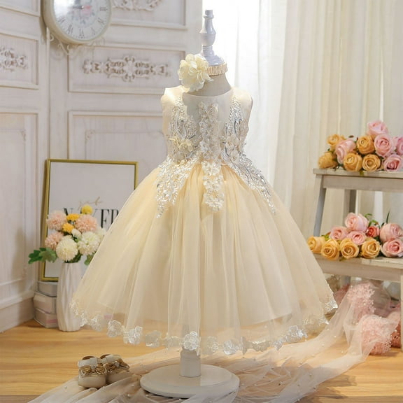 NAISIBABY Girls Princess Dress, Floral Bow Sequin Mesh Sleeveless Wedding Birthday Pageant Dress Yellow 3T