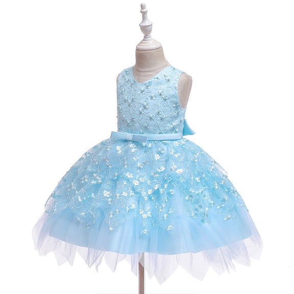 NAISIBABY Girls Princess Dress, Floral Bow Sequin Mesh Sleeveless Wedding Birthday Party Dress Blue 2T