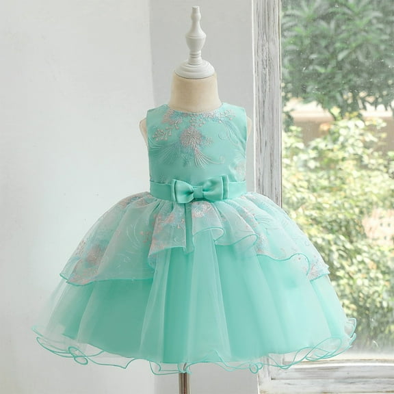 NAISIBABY Girls Princess Dress, Floral Bow Sequin Mesh Sleeveless Wedding Birthday Party Dress Green 1T 90cm