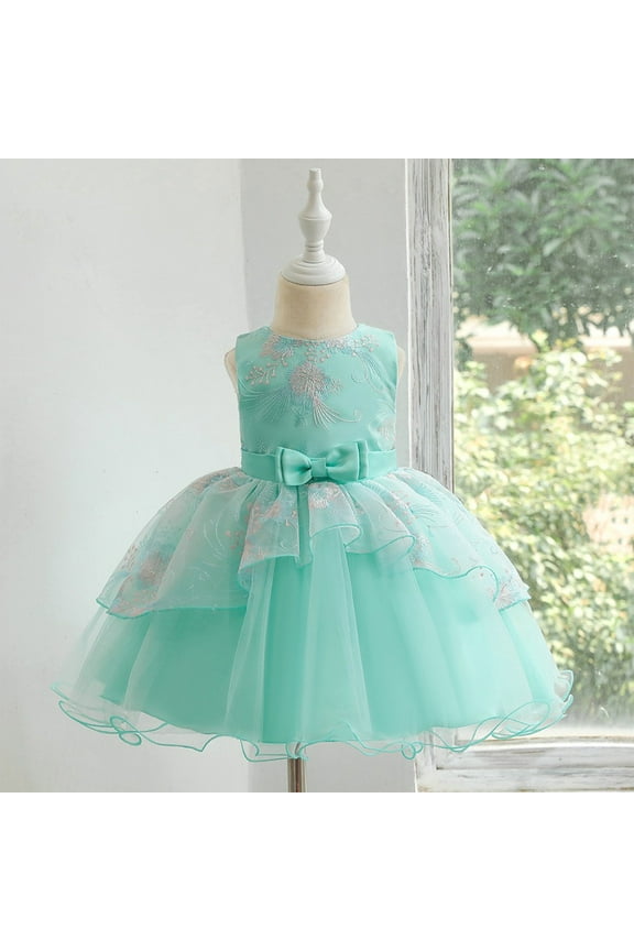Girls Princess Dress, Floral Bow Sequin Mesh Sleeveless Wedding Birthday Party Dress Green 1T 90cm
