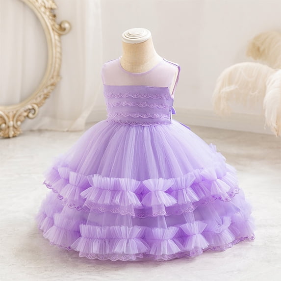 NAISIBABY Girls Princess Dress, Floral Bow Sequin Mesh Sleeveless Wedding Birthday Party Dress Purple 3T