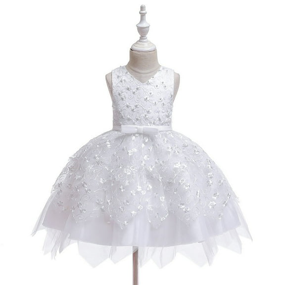NAISIBABY Girls Princess Dress, Floral Bow Sequin Mesh Sleeveless Wedding Birthday Party Dress White 4T