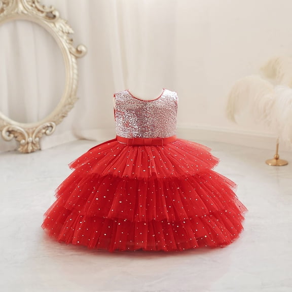 NAISIBABY Girls Princess Dress, Lace Sequin Mesh Sleeveless Cute Wedding Birthday Dress Prom Maxi Dress Red 7M