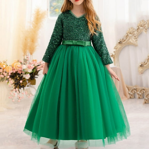 NAISIBABY Girls Princess Dress, Mesh Long Length Long Sleeve Sequin Elegant Birthday Wedding Pageant Party Dress Green 7T