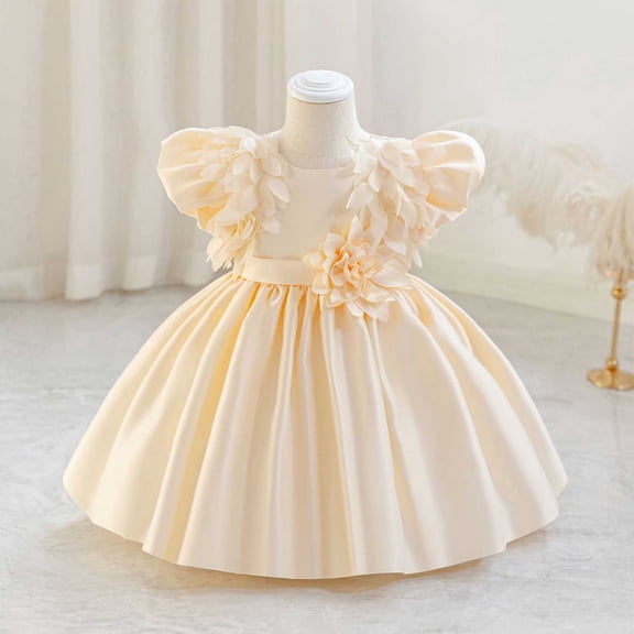 NAISIBABY Girls Princess Dress, Puff Sleeve Cute Elegant Silky Satin Gown Wedding Party Pageant Flower Dress Beige 18Months